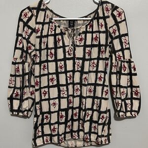 Lucky Brand Women's Peasant 3/4 Sleeve Blouse Neck Tie Floral Print Boho (Sz S)